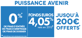 Assurance-vie : 200€ offerts à la souscription du contrat Puissance Avenir (4.05% en 2013) Assurance-vie : 200€ offerts à la souscription du contrat Puissance Avenir (4.05% en 2013)