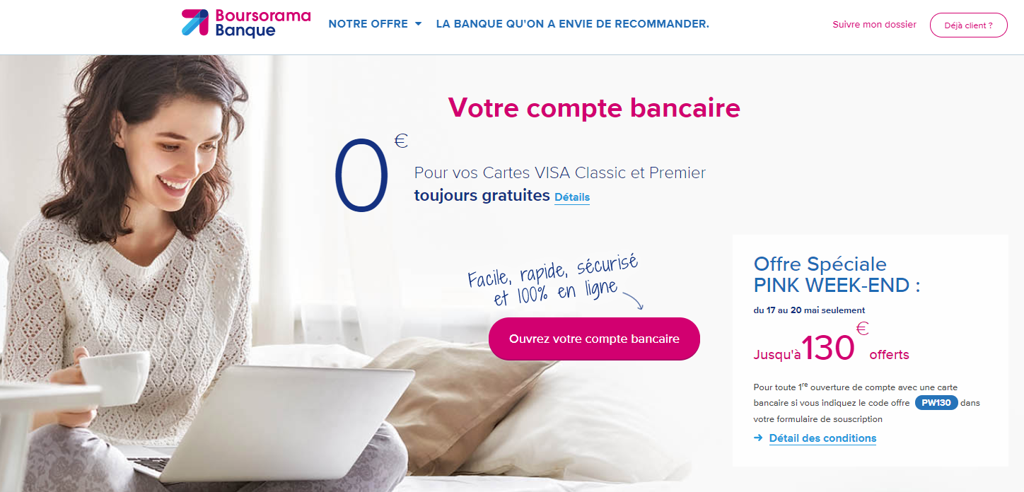 Boursorama banque : jusqu'à 130€ offerts, uniquement jusqu'au lundi 20 mai 2019 à minuit Boursorama banque : jusqu'à 130€ offerts, uniquement jusqu'au lundi 20 mai 2019 à minuit