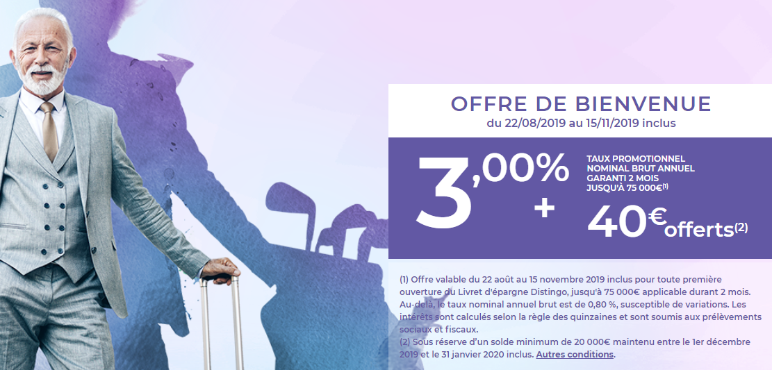 Livret épargne DISTINGO de PSA Banque : un taux de 3% brut, une prime de 40€, sous conditions, à saisir avant le 15 novembre 2019 Livret épargne DISTINGO de PSA Banque : un taux de 3% brut, une prime de 40€, sous conditions, à saisir avant le 15 novembre 2019