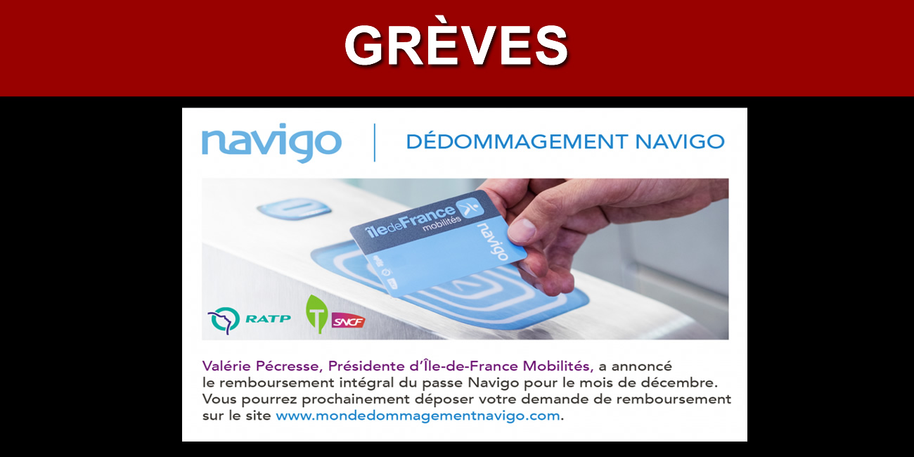 Grèves : remboursement du pass navigo de décembre pour 2.65 millions d'usagers, mais sur demande uniquement Grèves : remboursement du pass navigo de décembre pour 2.65 millions d'usagers, mais sur demande uniquement