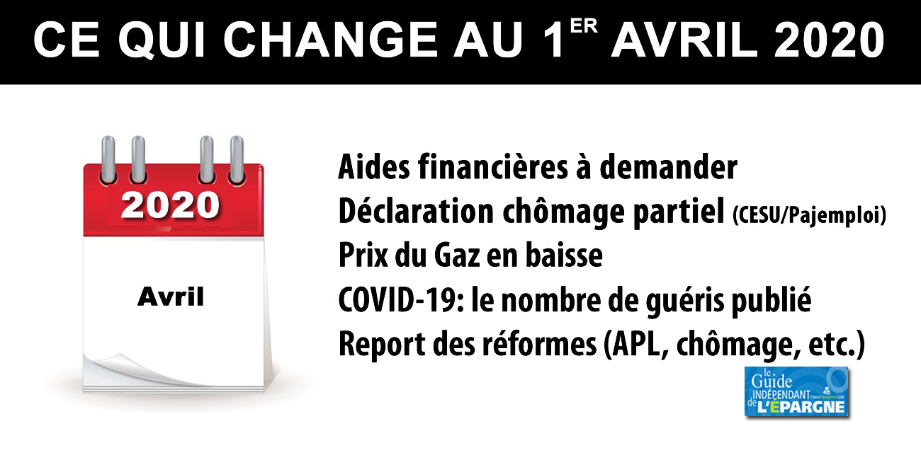 Ce qui change au 1er avril 2020 : aides financières COVID-19, prime 2.000€, abonnements SNCF offerts, chômage partiel, baisse du prix du gaz Ce qui change au 1er avril 2020 : aides financières COVID-19, prime 2.000€, abonnements SNCF offerts, chômage partiel, baisse du prix du gaz