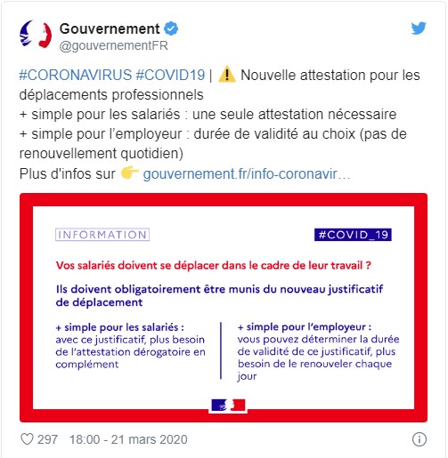 Nouvelle attestation employeur à compter du 21 mars 2020