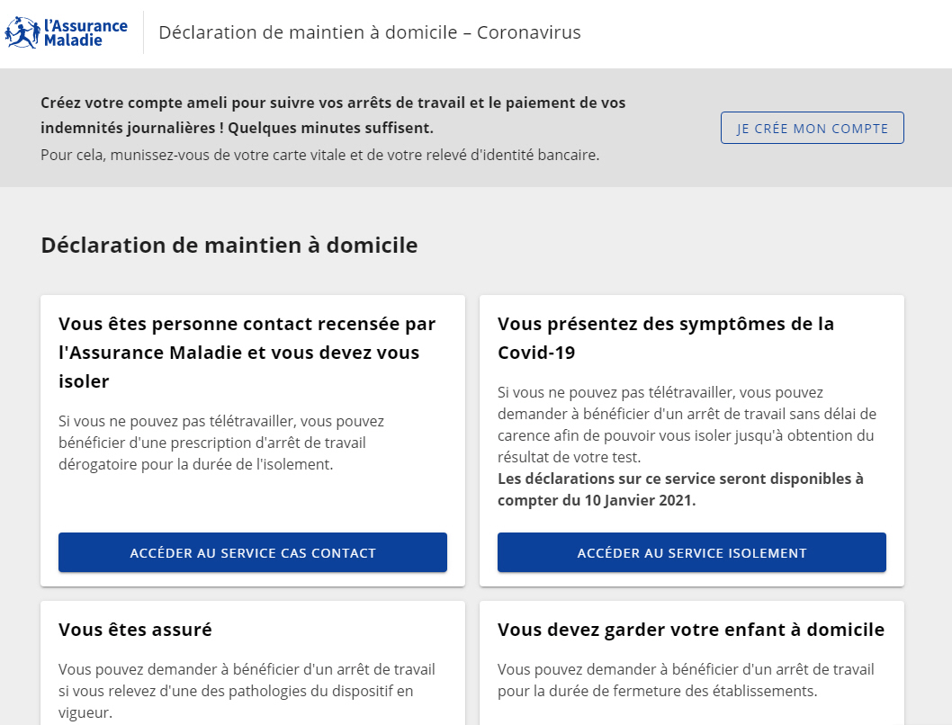 Page d’accueil du site officiel Ameli.fr pour la déclaration de votre arrêt maladie