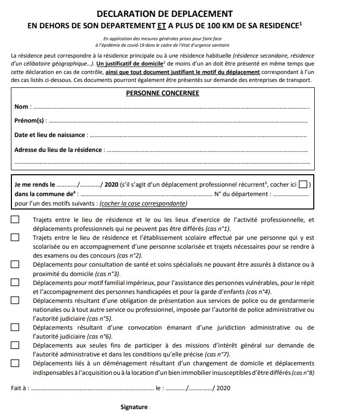 Déclaration de déplacement en dehors de son département et à plus de 100km de sa résidence