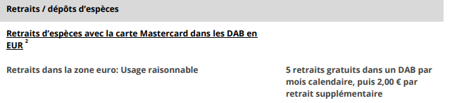 Tarifs des retraits CB N26