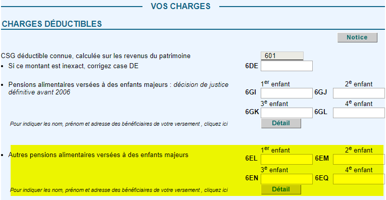 Dans quelles cases déclarer les pensions spontanées versées à un enfant majeur ?