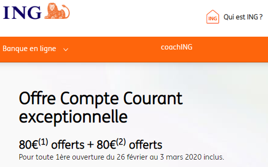 ING : 160€ offerts jusqu’au 3 mars 2020 (sous conditions)