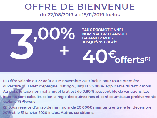 Offre de bienvenue livret épargne DISTINGO