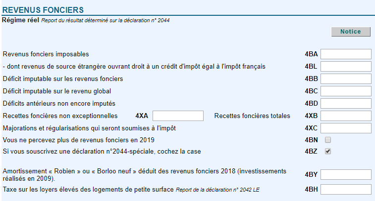 Déclaration formulaire 2042, revenus fonciers
