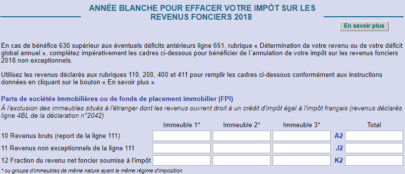 Déclaration annexe N° 2044 Spéciale, page spéciale année blanche 2018
